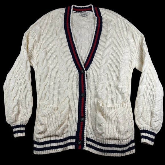 American Eagle Cable Knit Cardigan Sweater Varsity Oversized Cream Sz S - Picture 4 of 8